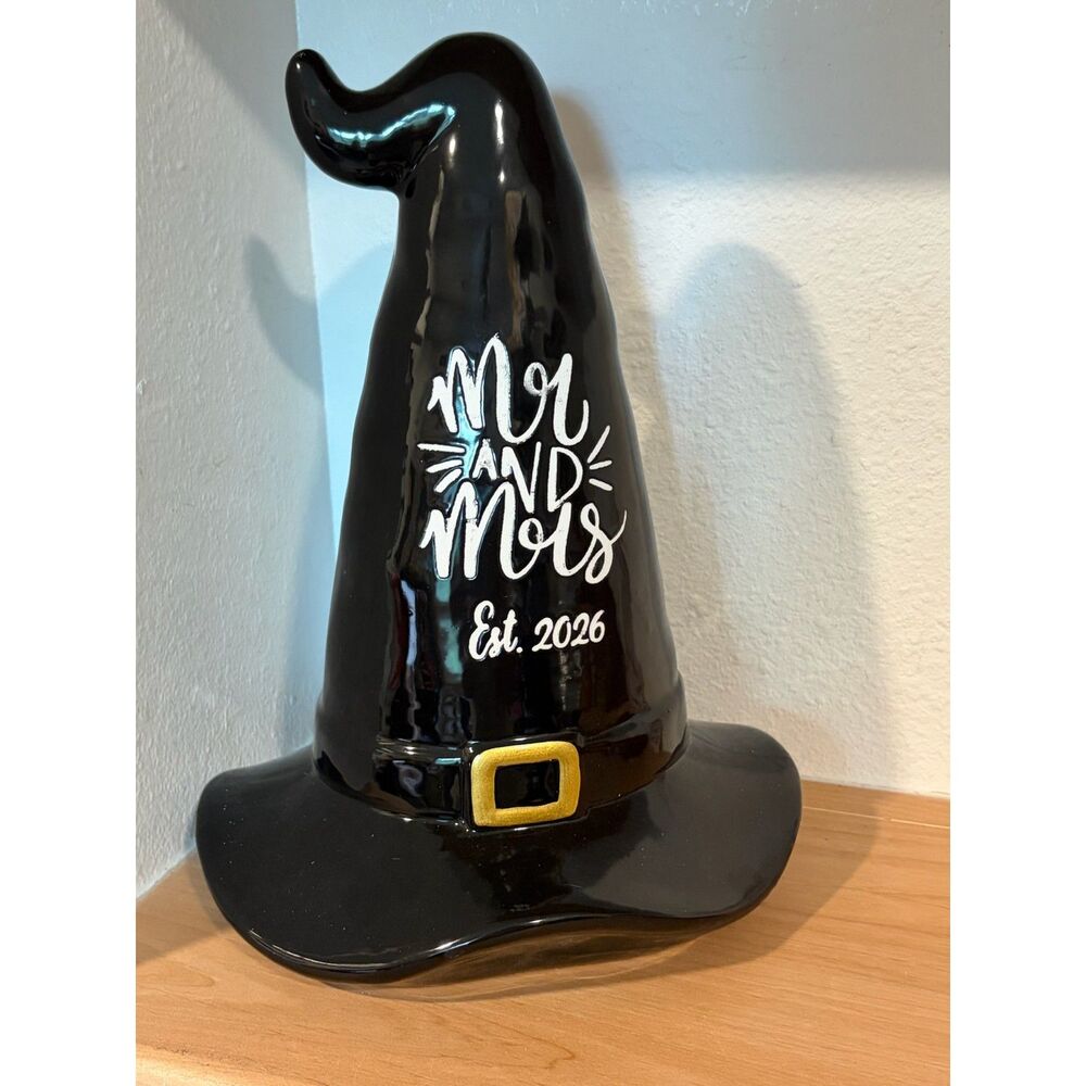 Black Ceramic Witch Hat Figurine Gold Buckle Mr & Mrs Est 2026 Halloween Decor
